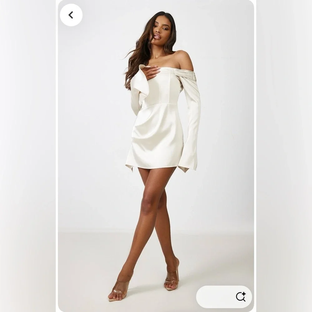 PLT| Womens Champagne Satin Pleat Detail Bardot Flared Sleeve Shift Dress NWT 4 - Picture 4 of 7